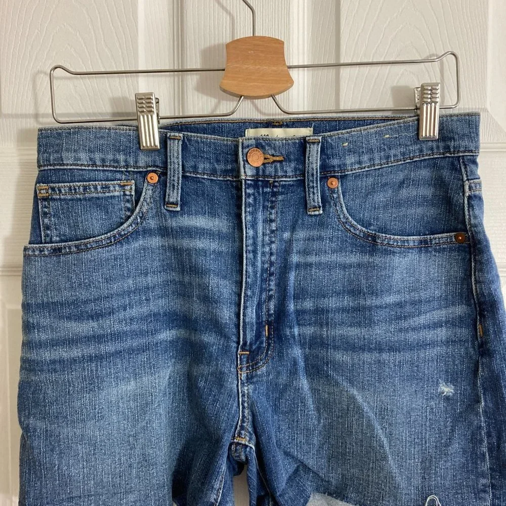 Madewell High Rise Denim Shorts Size 27 Medium Wash Distressed Raw Hem